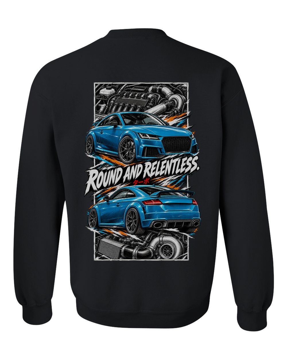 Audi Tt Rs torn poster black crewneck back view with the design