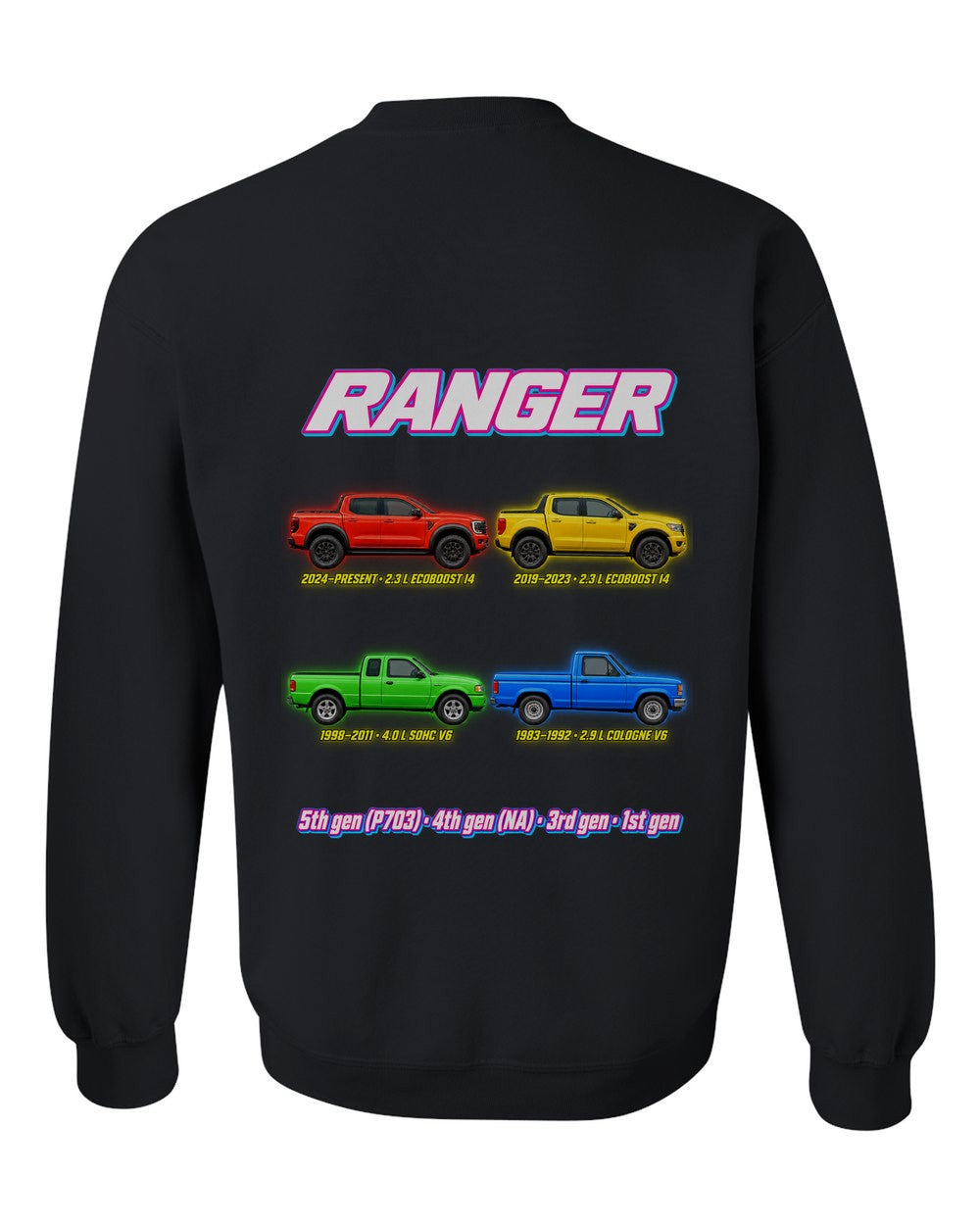 Ford Ranger evolution poster black crewneck back view with the design