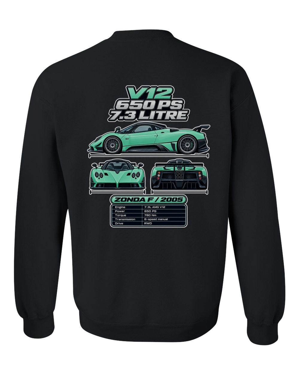 Pagani Zonda F spec sheet black crewneck back view with the design