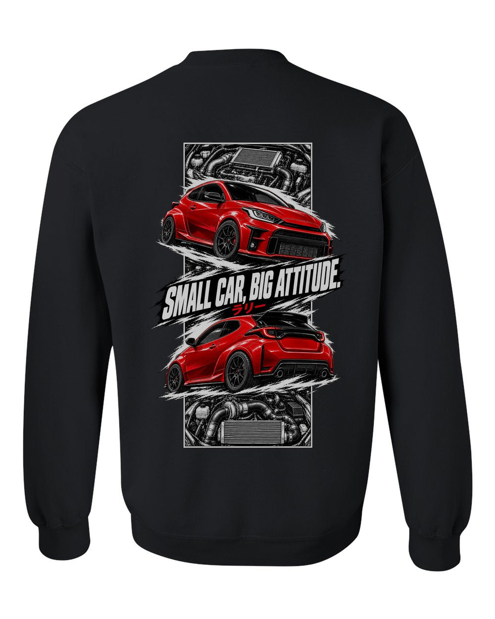 Toyota GR Yaris torn poster black crewneck back view with the design