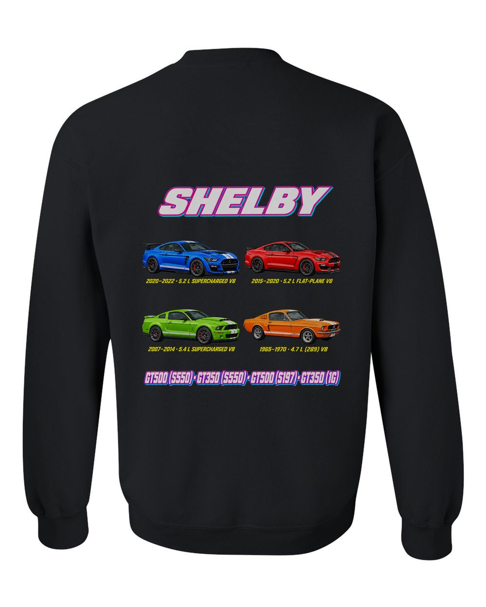 Shelby Mustang evolution poster black crewneck back view with the design