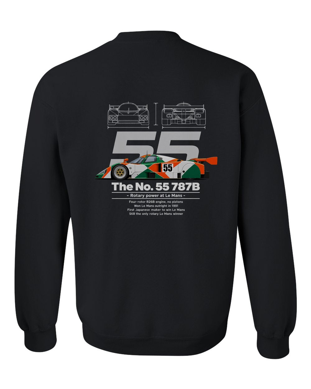 No. 55 787B black crewneck back view with the design
