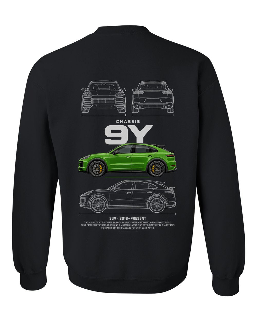 9Y full-back artwork black crewneck back view with the design