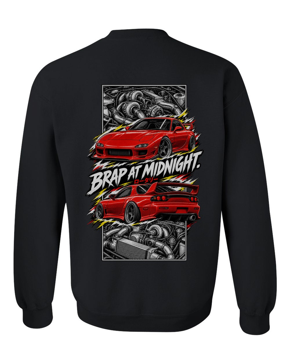 Mazda RX-7 Fd3S torn poster black crewneck back view with the design