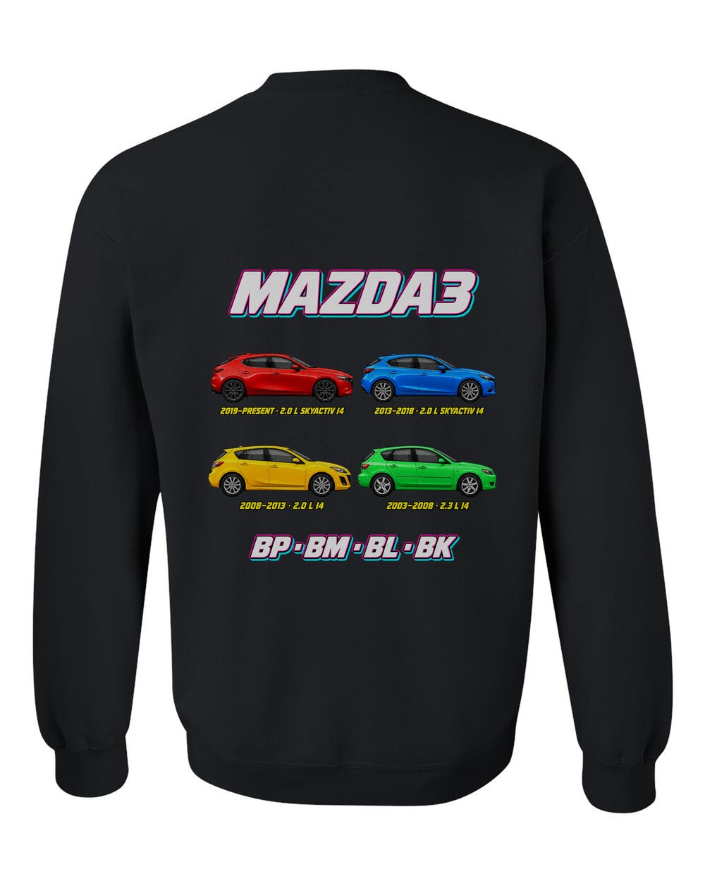 Mazda 3 evolution poster black crewneck back view with the design