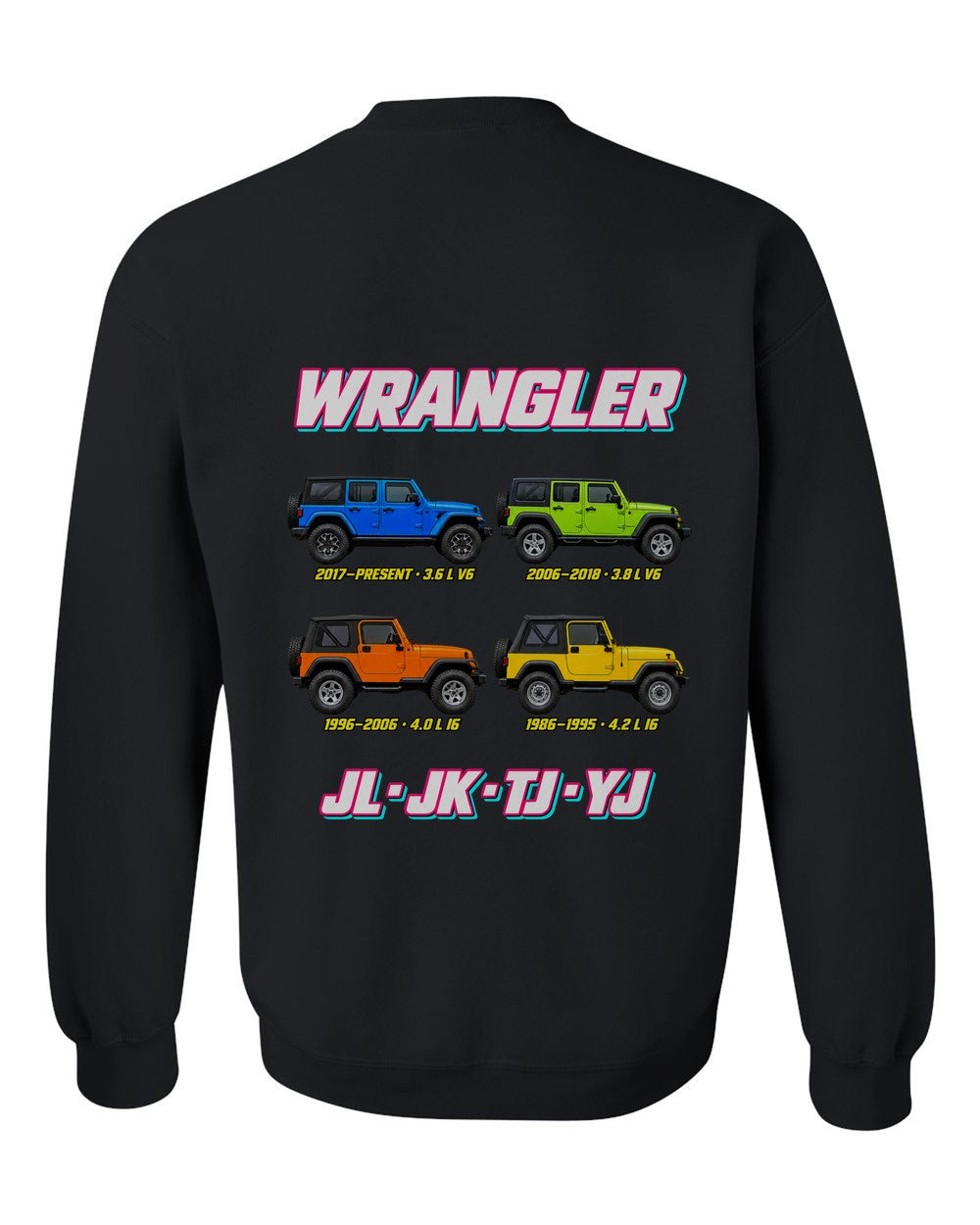 Jeep Wrangler evolution poster black crewneck back view with the design