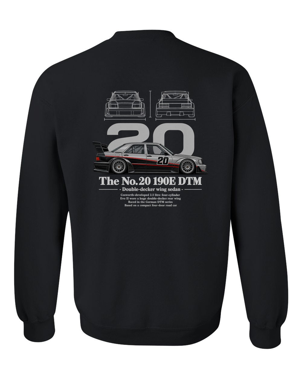 No. 20 190E DTM black crewneck back view with the design
