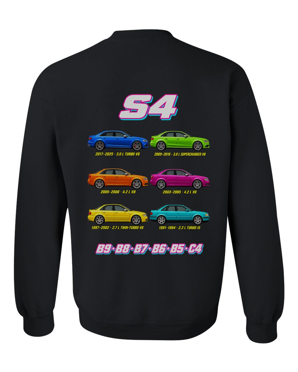 Audi S4 evolution poster black crewneck back view with the design
