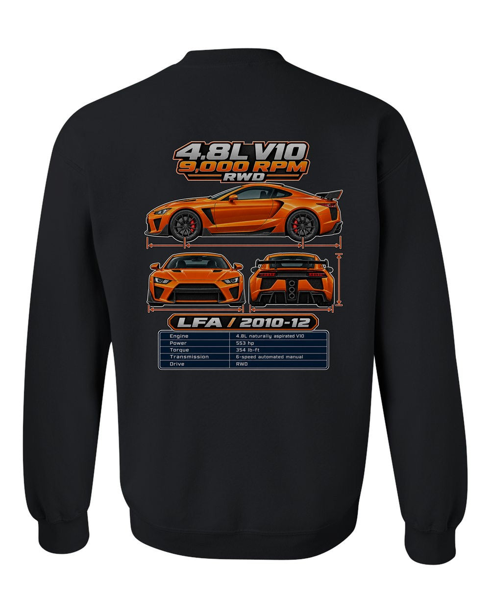 Lexus Lfa spec sheet black crewneck back view with the design