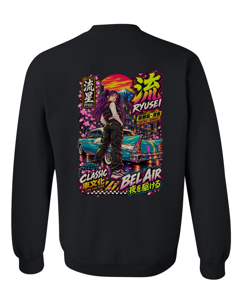 RYUSEI BEL AIR full-back artwork black crewneck back view with the design
