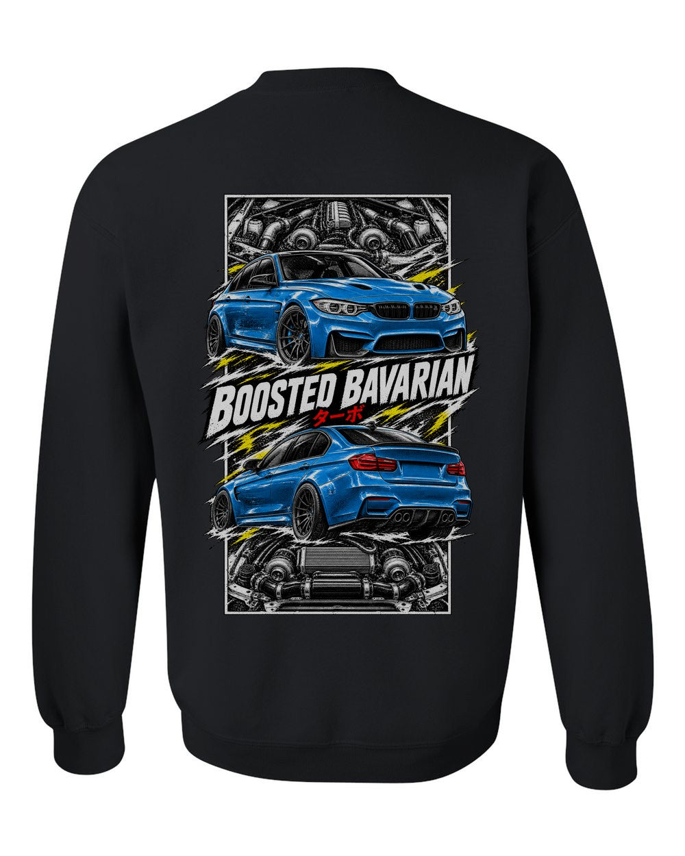 BMW F80 M3 torn poster black crewneck back view with the design