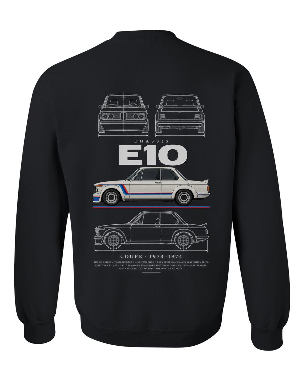 E10 full-back artwork black crewneck back view with the design