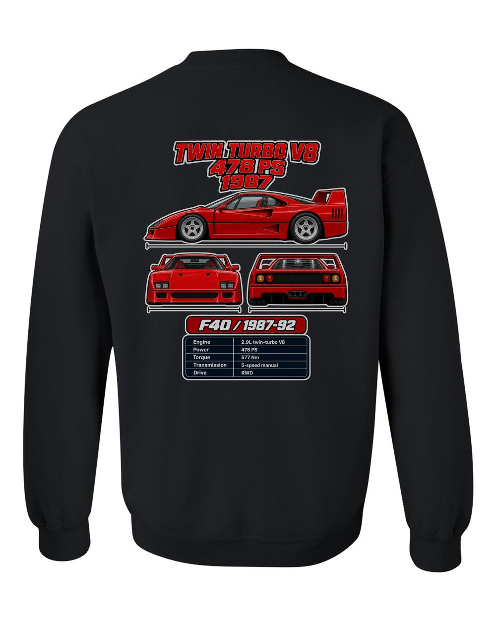 Ferrari F40 spec sheet black crewneck back view with the design