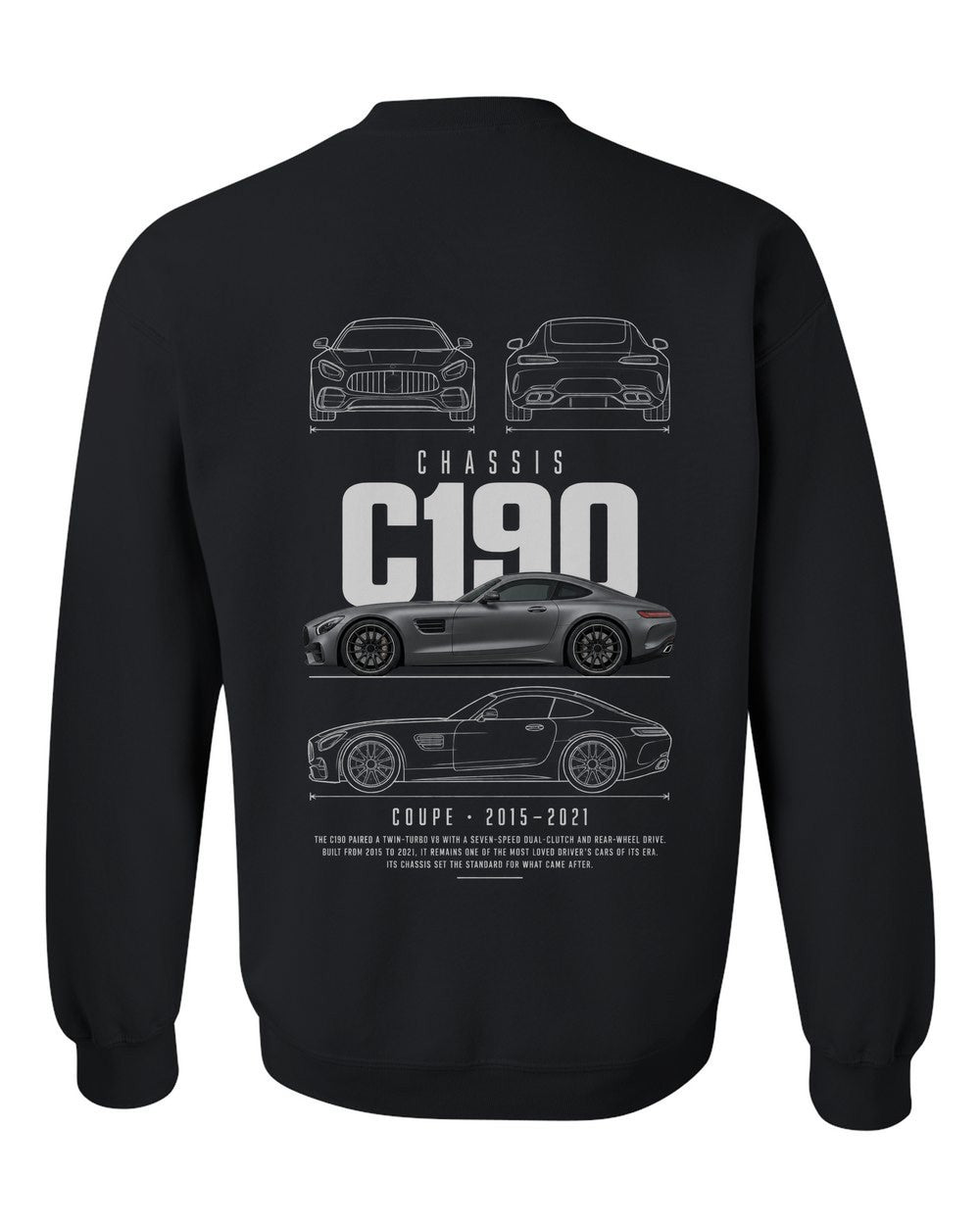 C190 full-back artwork black crewneck back view with the design