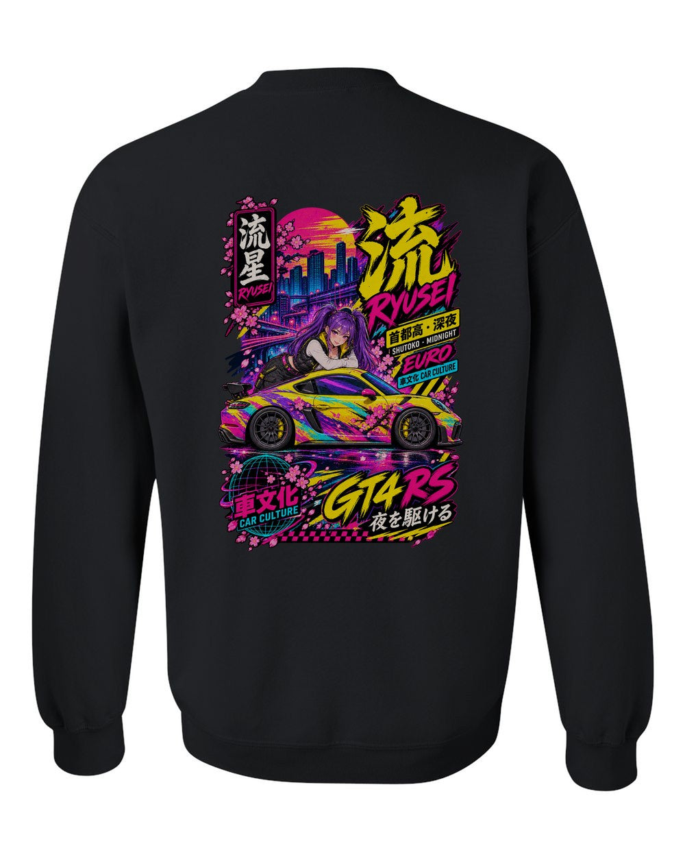 RYUSEI GT4 RS full-back artwork black crewneck back view with the design