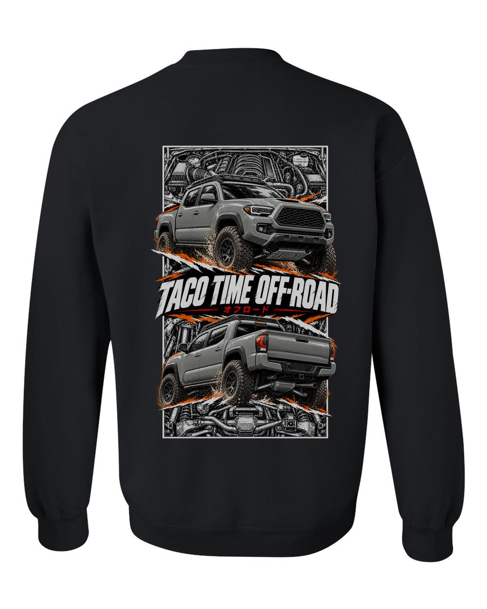 Toyota Tacoma TRD torn poster black crewneck back view with the design