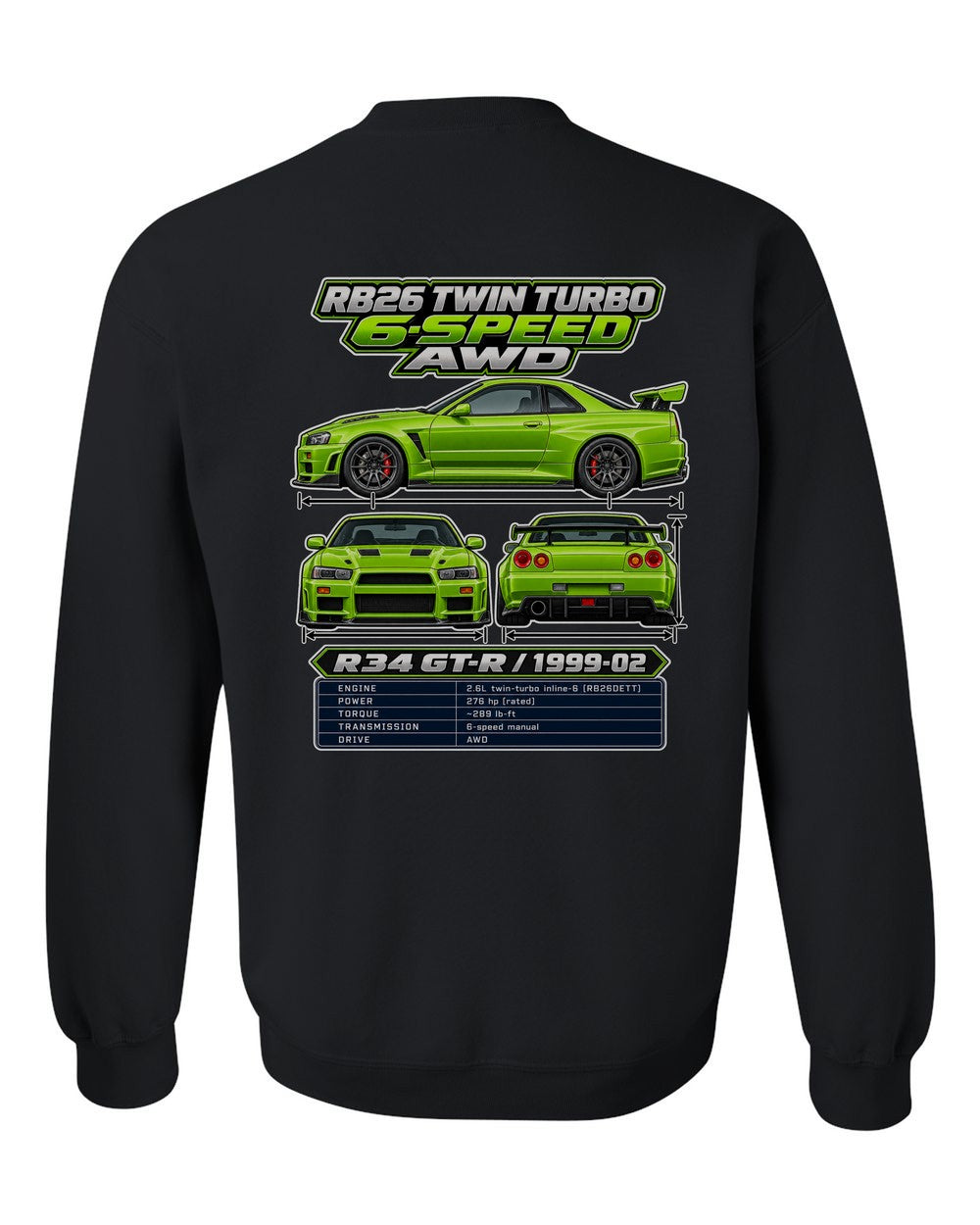 Nissan Skyline Gt R R34 spec sheet black crewneck back view with the design