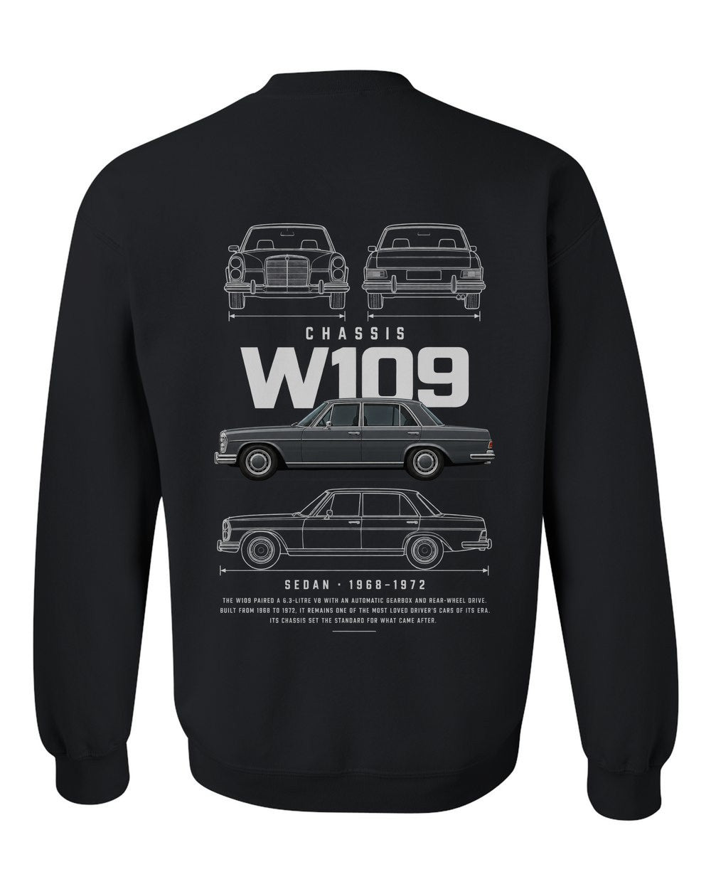 W109 full-back artwork black crewneck back view with the design