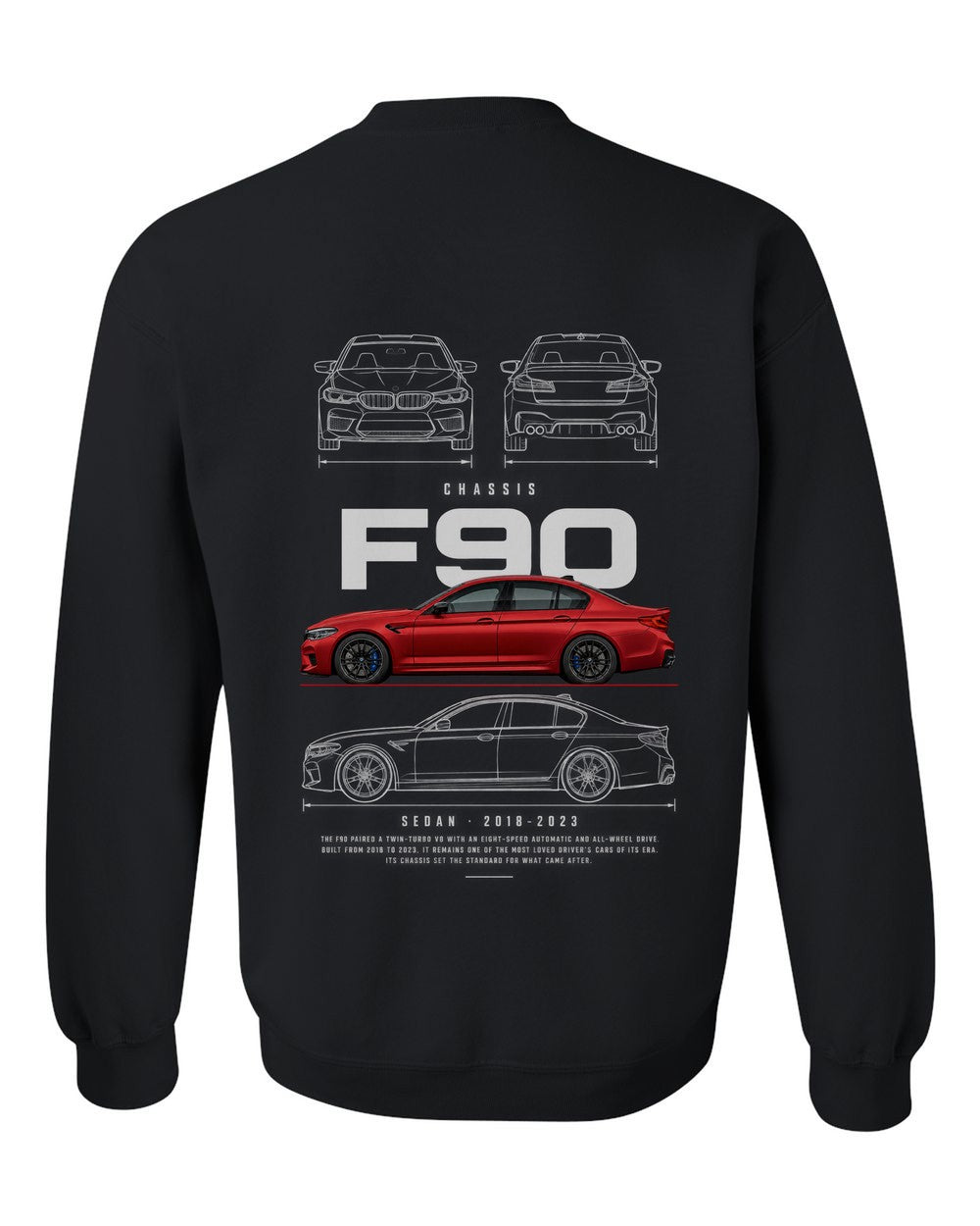 F90 full-back artwork black crewneck back view with the design
