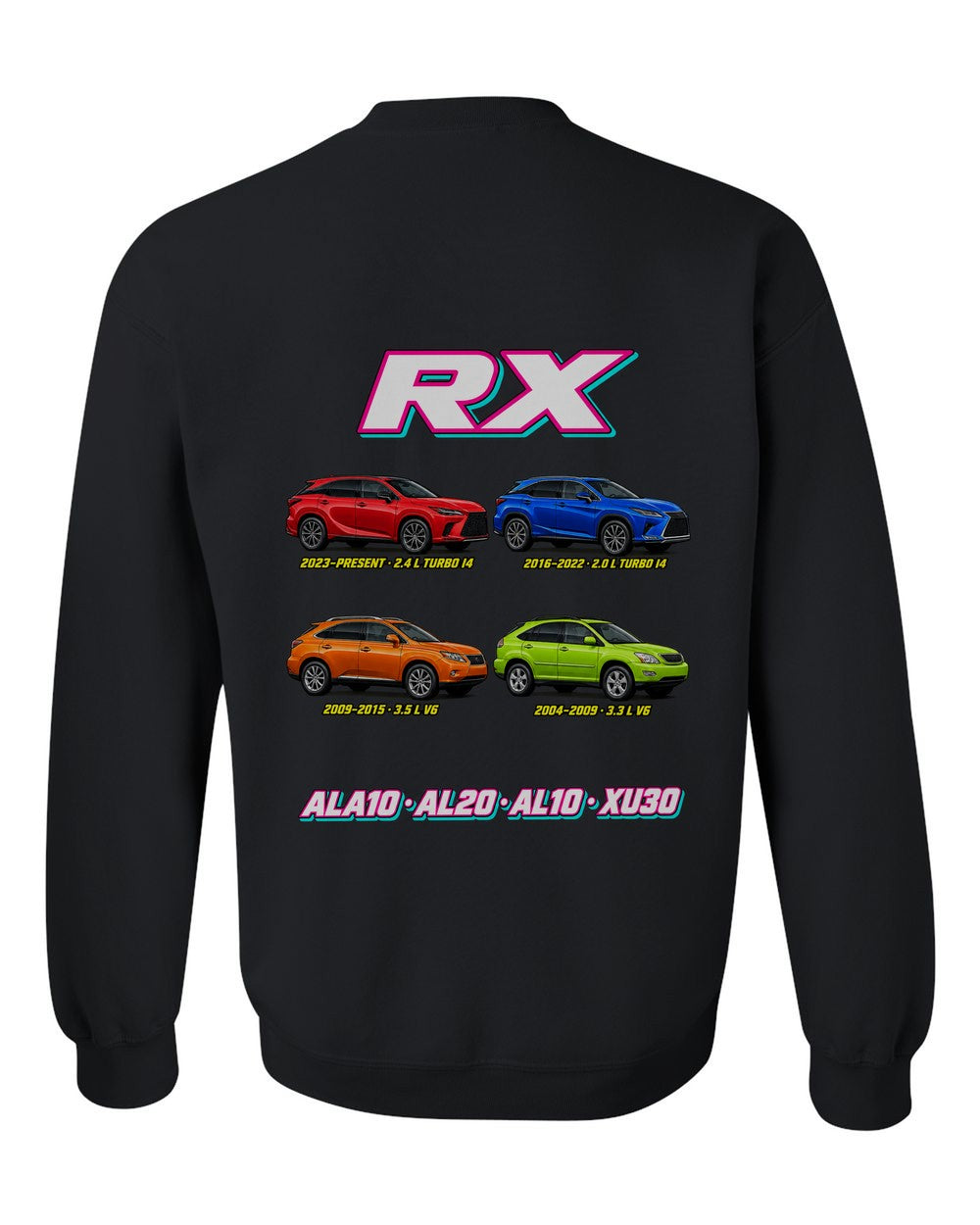 Lexus RX evolution poster black crewneck back view with the design