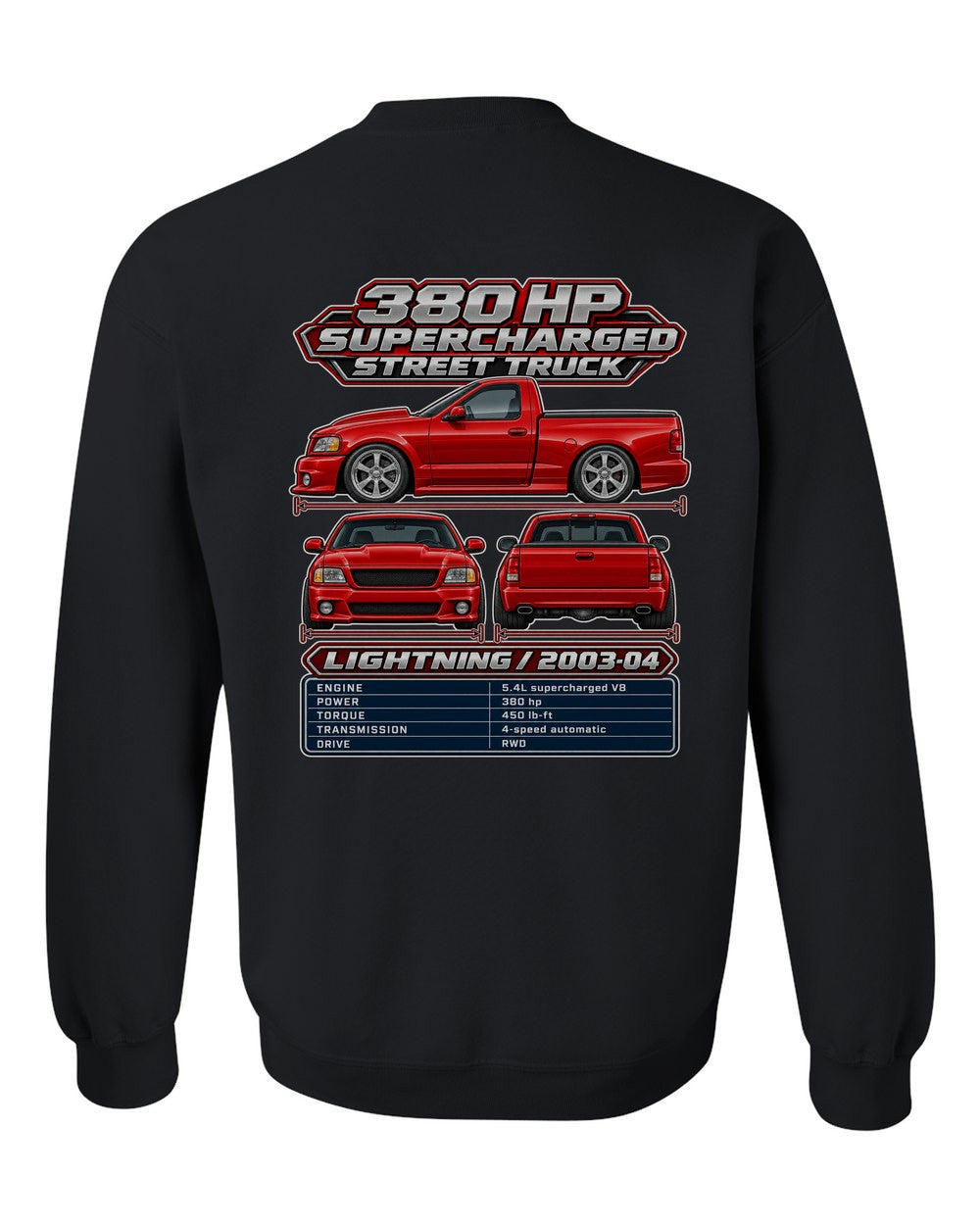 Ford SVT Lightning spec sheet black crewneck back view with the design