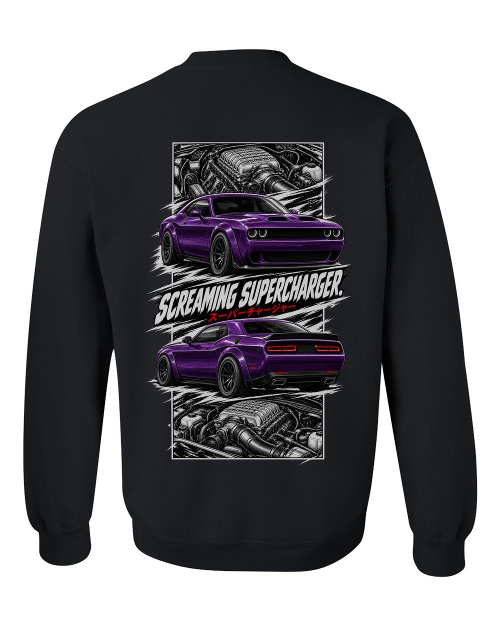 Dodge Hellcat torn poster black crewneck back view with the design