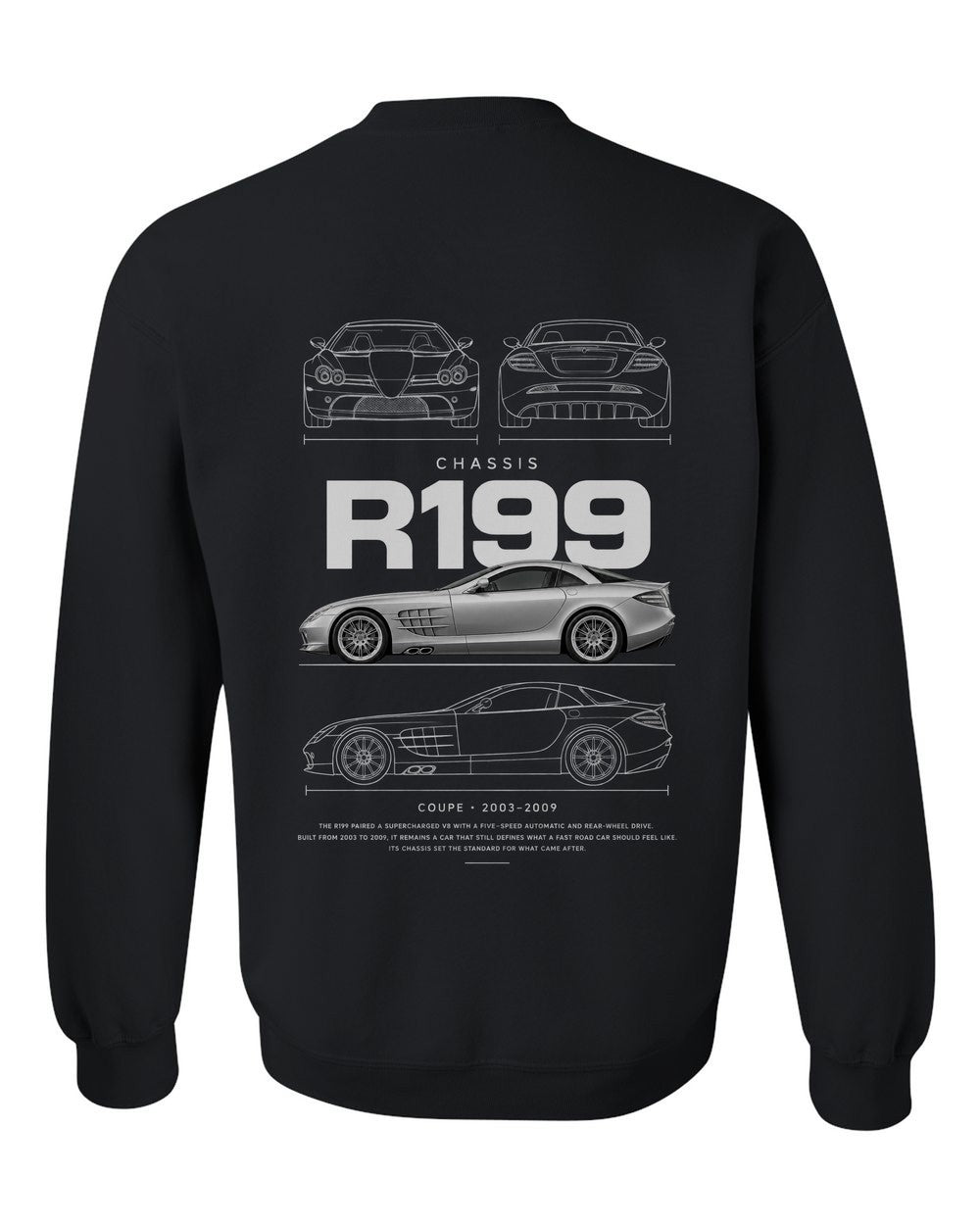 R199 full-back artwork black crewneck back view with the design