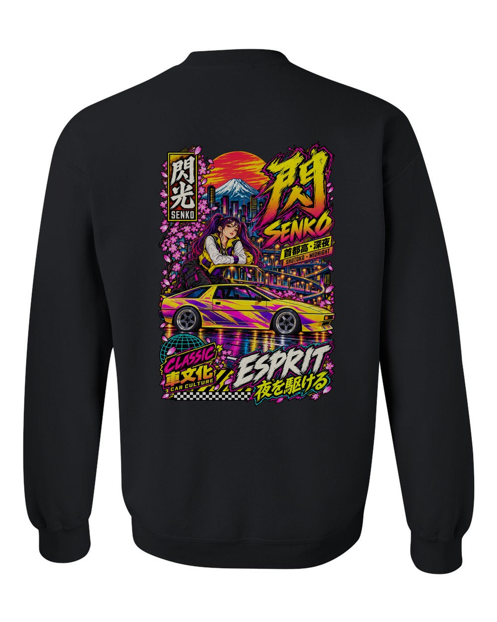 SENKO ESPRIT full-back artwork black crewneck back view with the design