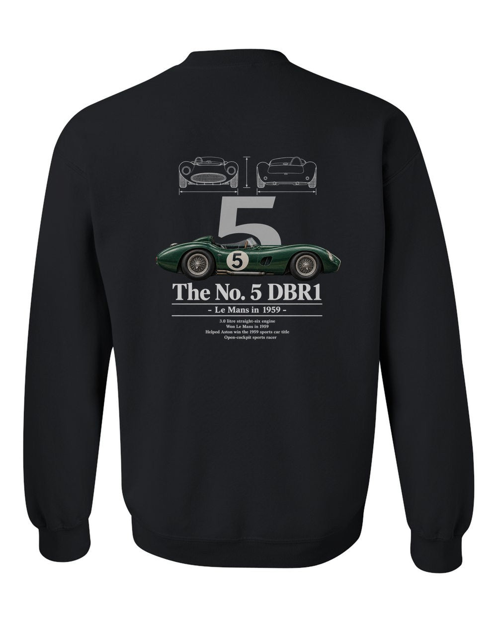 No. 5 DBR1 black crewneck back view with the design