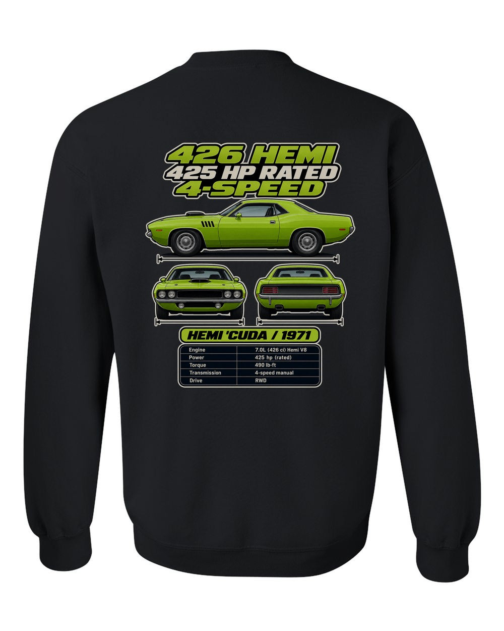 Plymouth Hemi Cuda 1971 spec sheet black crewneck back view with the design