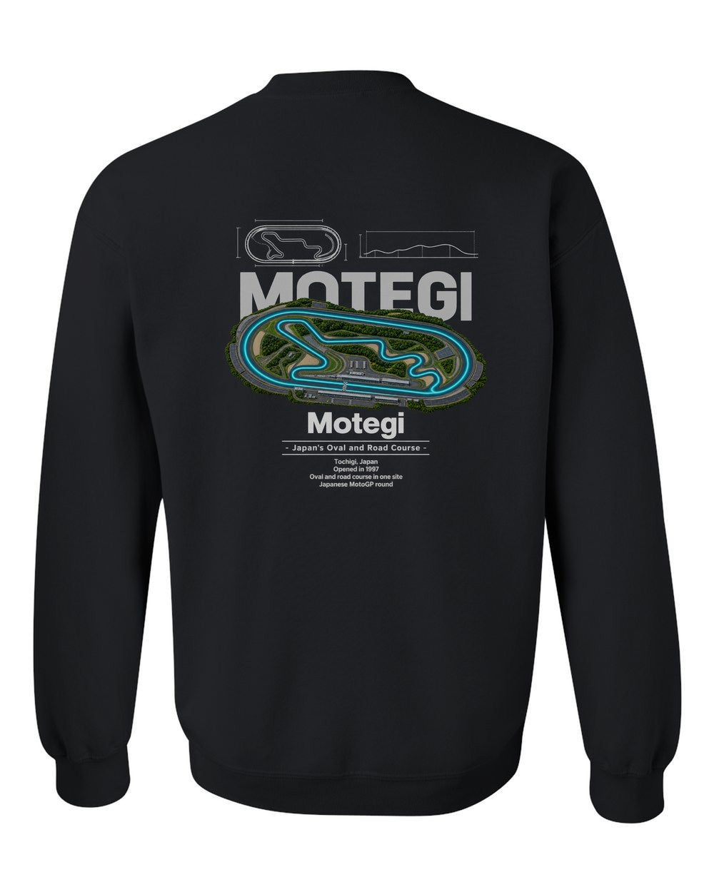 Motegi black crewneck back view with the design