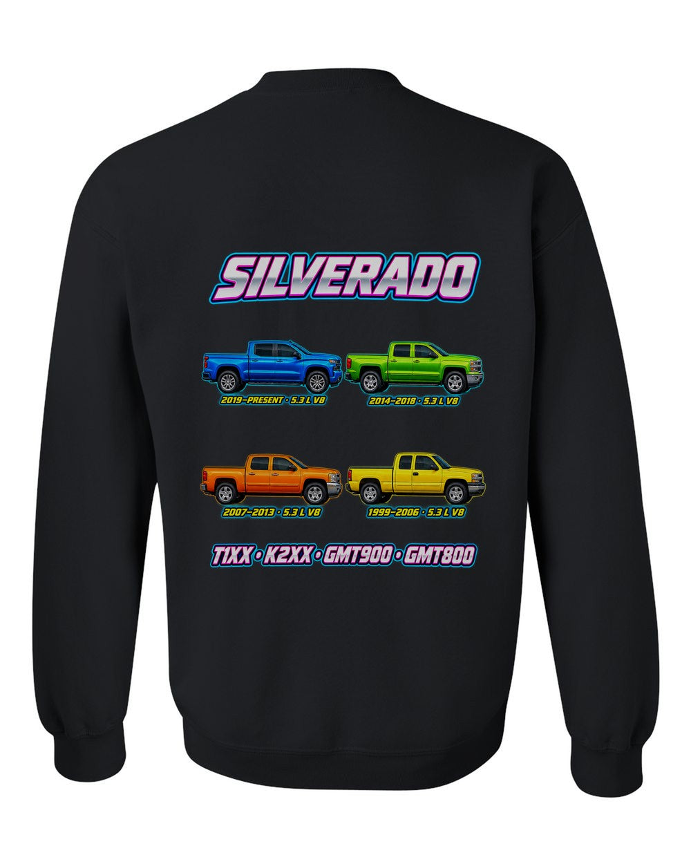 Chevy Silverado evolution poster black crewneck back view with the design