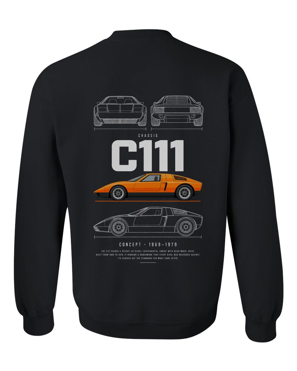 C111 full-back artwork black crewneck back view with the design