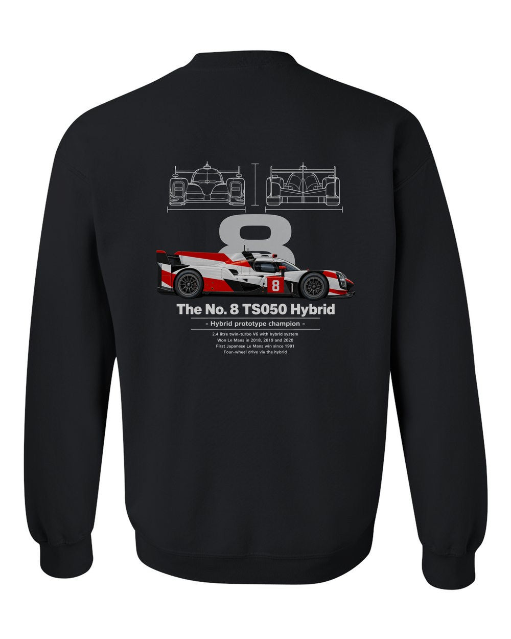 No. 8 TS050 Hybrid black crewneck back view with the design