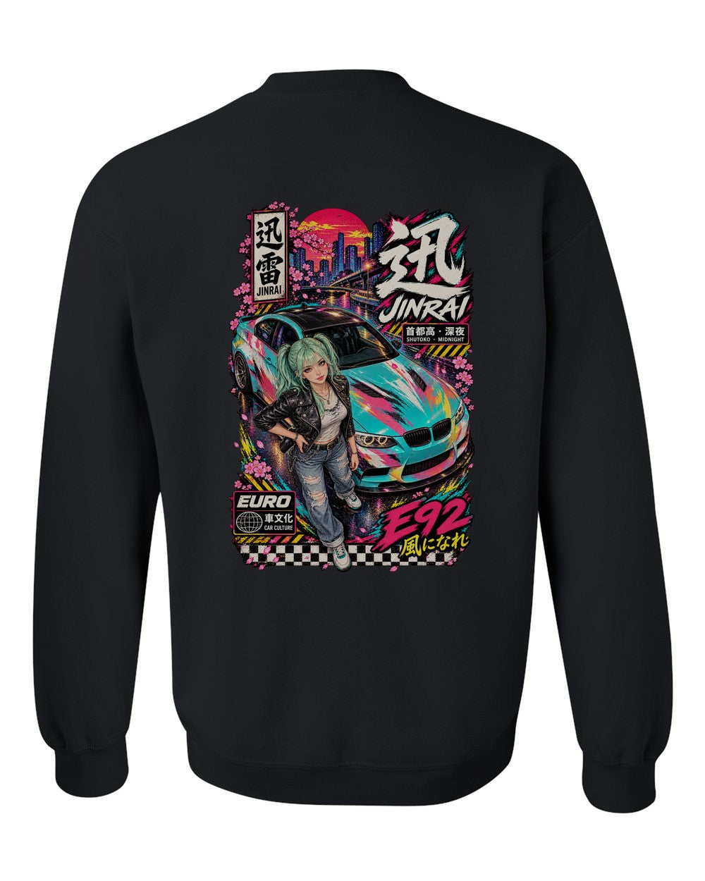 JINRAI E92 full-back artwork black crewneck back view with the design
