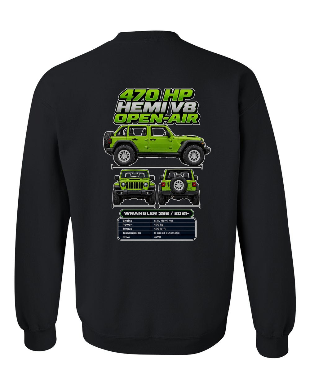 Jeep Wrangler 392 spec sheet black crewneck back view with the design