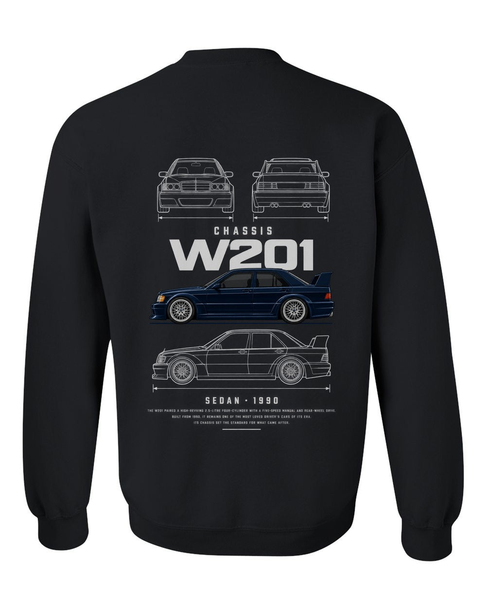 W201 full-back artwork black crewneck back view with the design