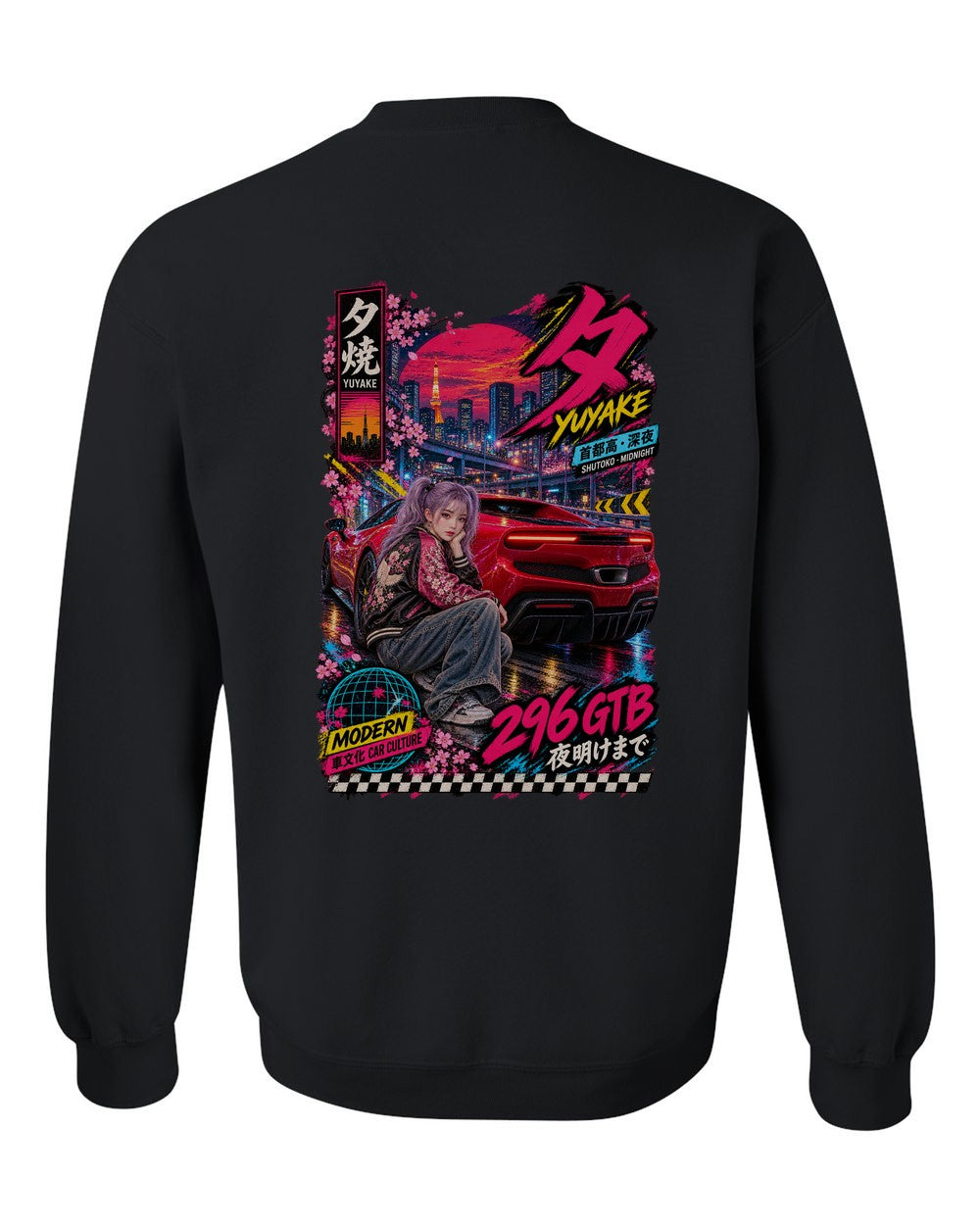 YUYAKE 296 GTB full-back artwork black crewneck back view with the design