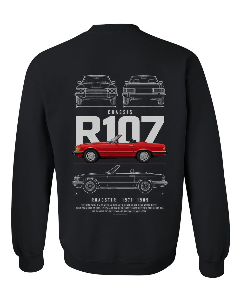 R107 full-back artwork black crewneck back view with the design