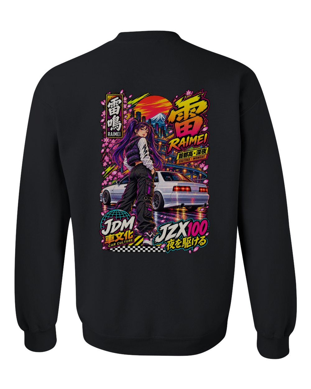 RAIMEI JZX100 full-back artwork black crewneck back view with the design