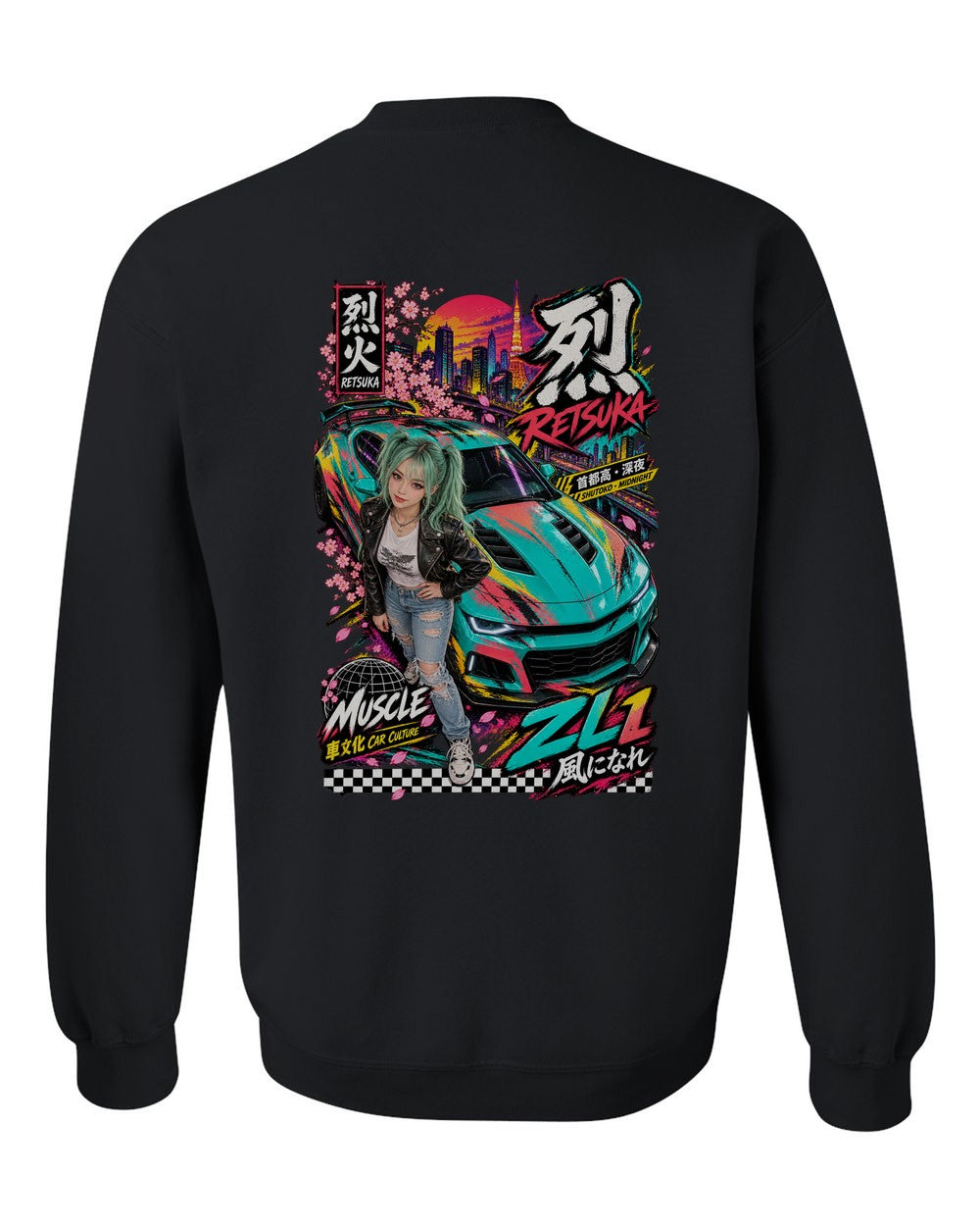 RETSUKA ZL1 full-back artwork black crewneck back view with the design