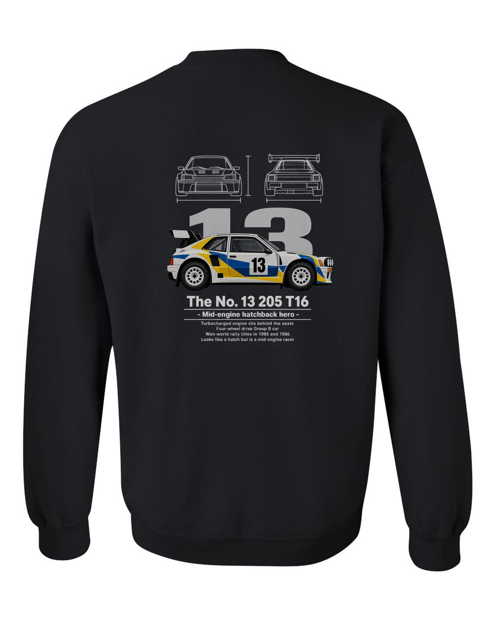 No. 13 205 T16 black crewneck back view with the design
