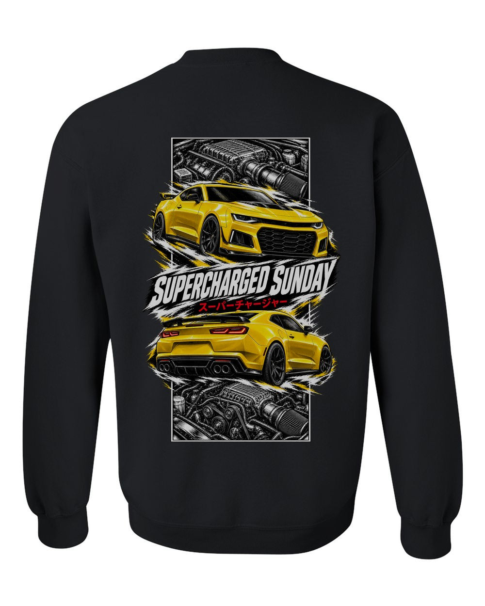 Chevy Camaro ZL1 torn poster black crewneck back view with the design
