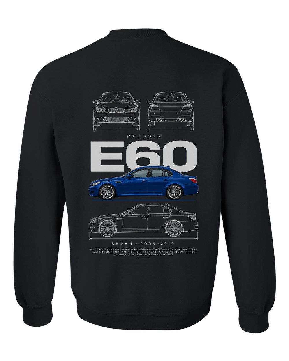E60 full-back artwork black crewneck back view with the design
