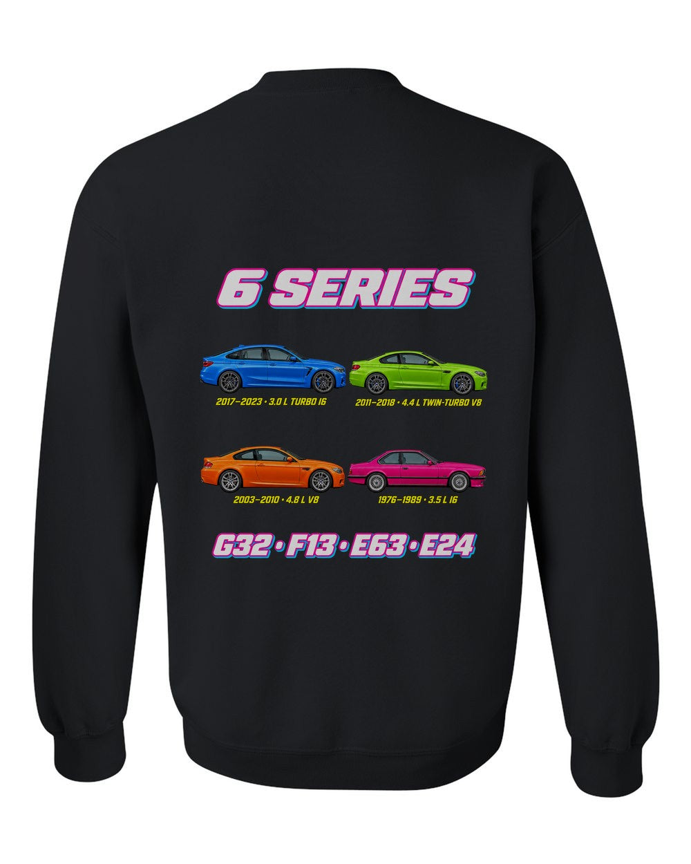 BMW 6 Series evolution poster black crewneck back view with the design