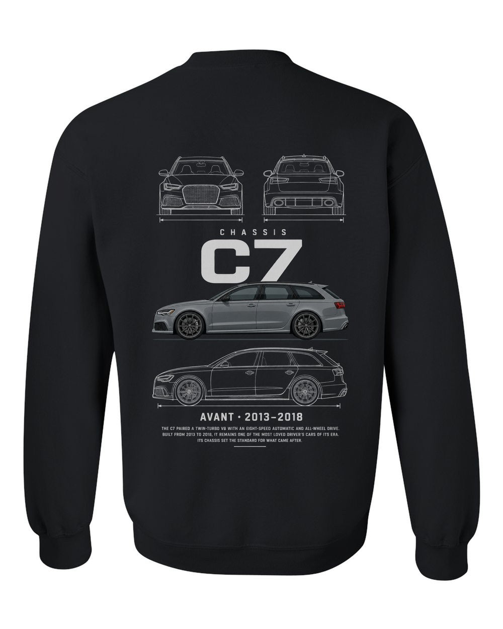 C7 full-back artwork black crewneck back view with the design