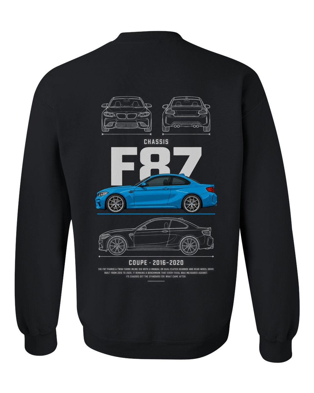 F87 full-back artwork black crewneck back view with the design