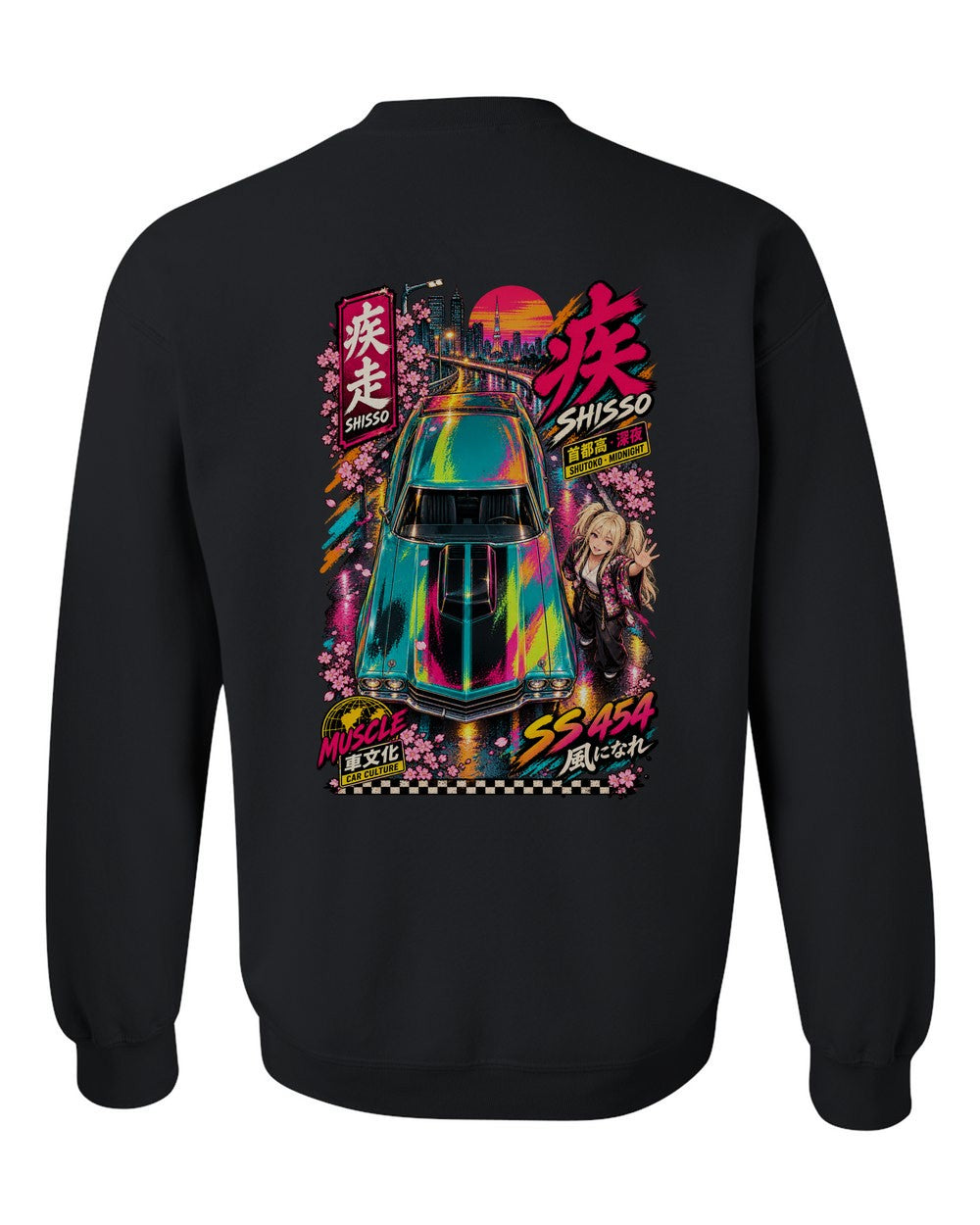 SHISSO SS 454 full-back artwork black crewneck back view with the design