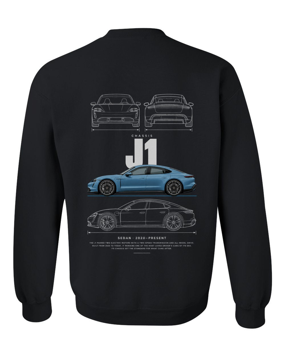 J1 full-back artwork black crewneck back view with the design
