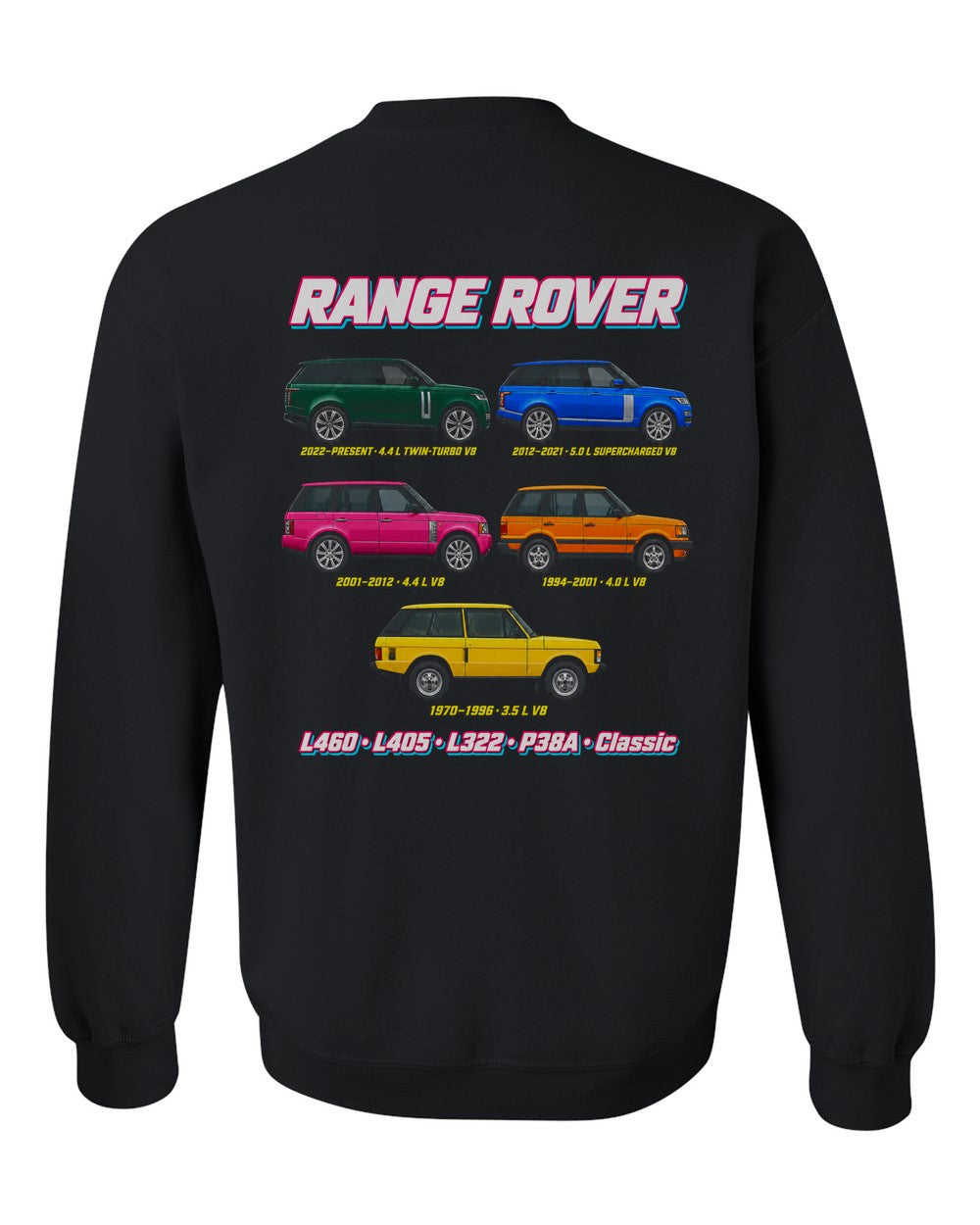 Range Rover evolution poster black crewneck back view with the design